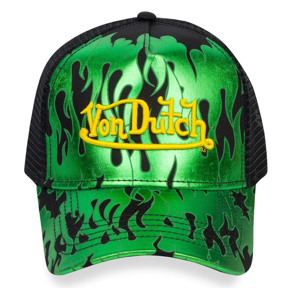 Von Dutch City of Angels Trucker Hat Metallic Green Flames